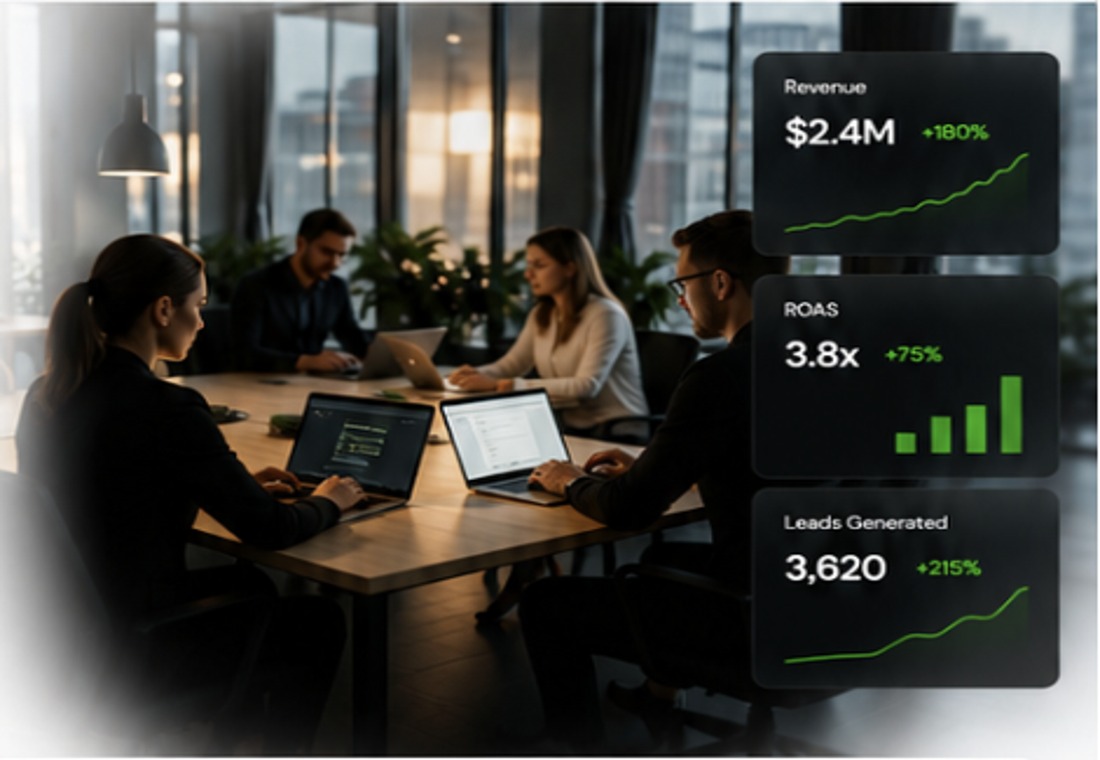 Marketing team working together in a modern office